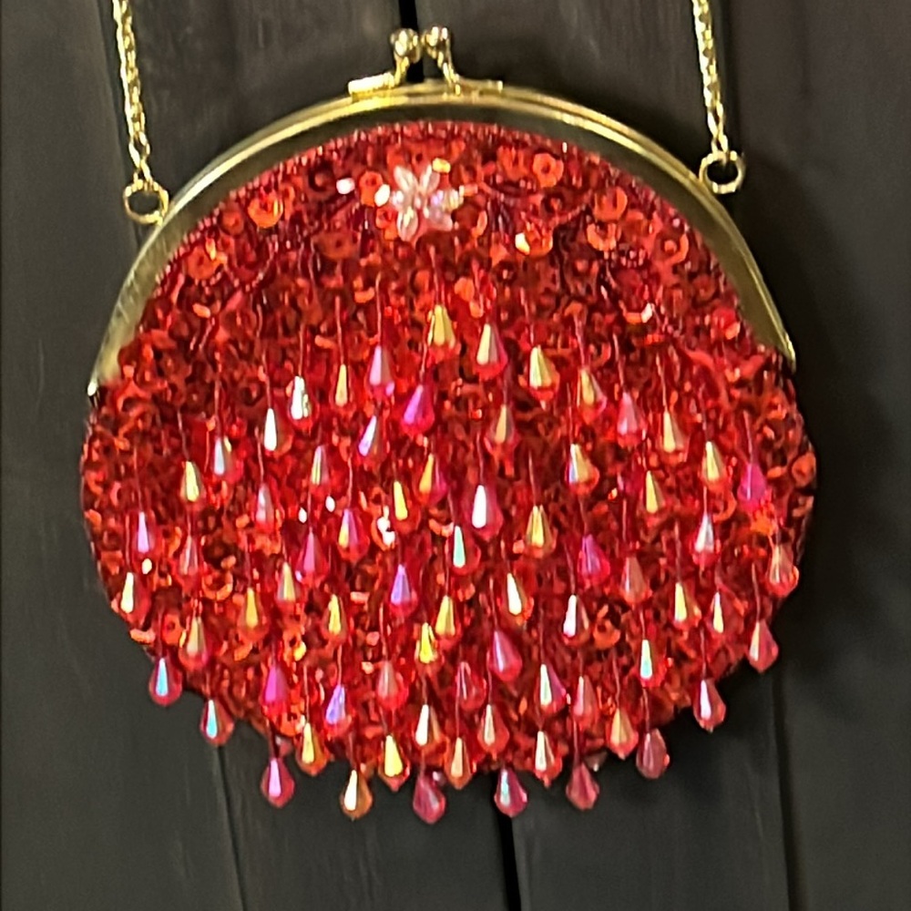 Red Evening Bag Cross Body with hanging iridescent beads. Gold hardware New